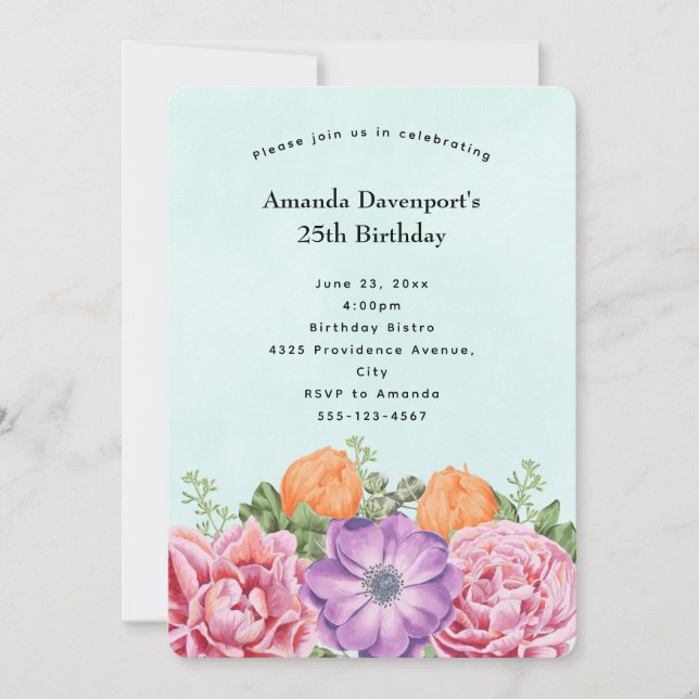 Convites Buquê Elegante de Flores de Aquarela de Aniversári (Frente)