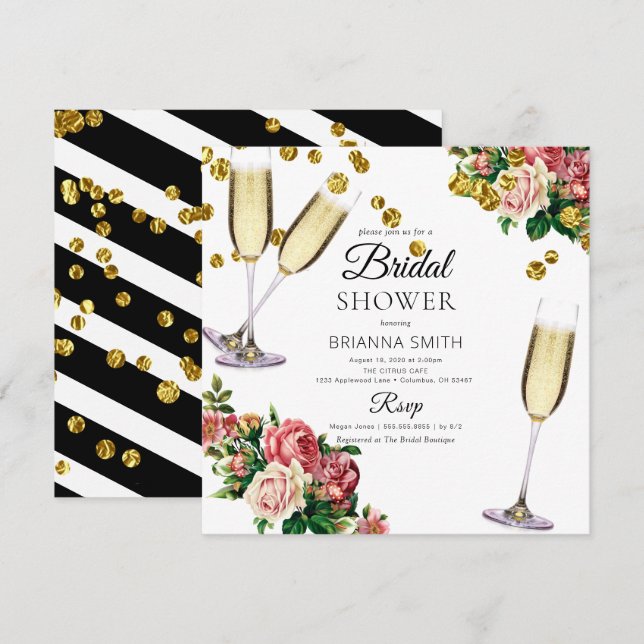 Convites Buquê elegante e Chuveiro de Noiva Dourado (Frente/Verso)