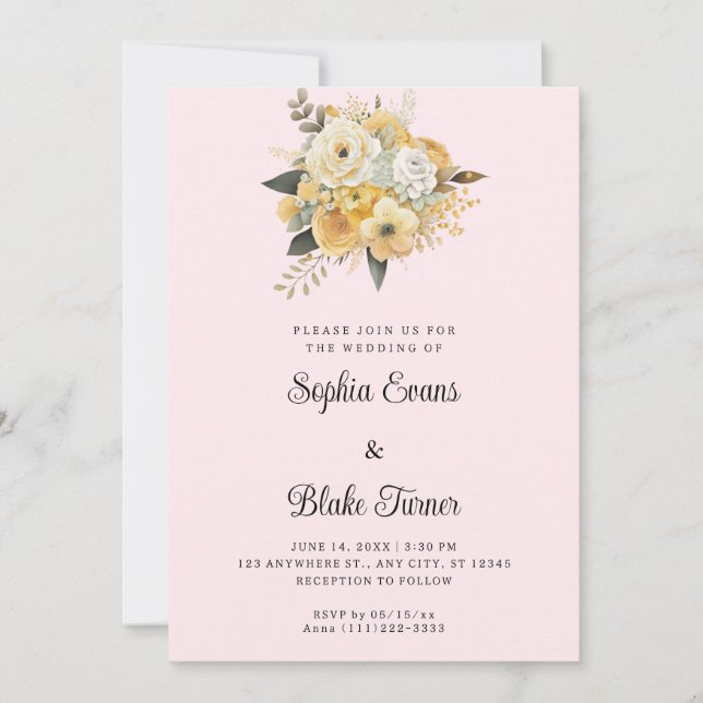 Convites Buquê Floral Amarelo e Branco Rosa Casamento (Frente)