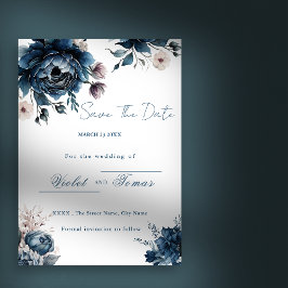 Convites Buquê floral aquarela azul marinho Save The Date