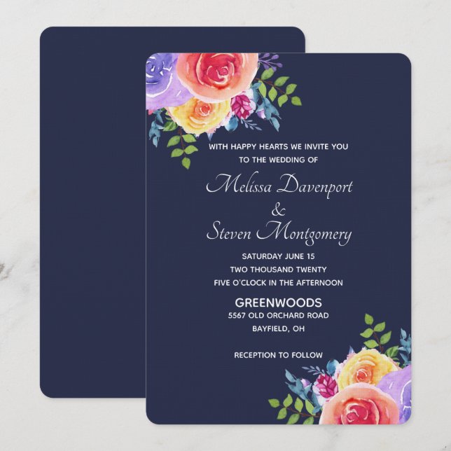 Convites Buquê Floral Aquarela para Casamento Moderno (Frente/Verso)