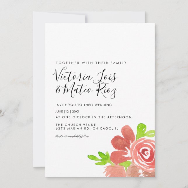Convites Buquê Floral Aquarela Rosa Bege Casamento (Frente)