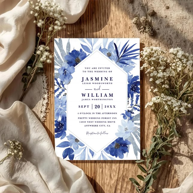 Convites Buquê Floral Azul Boho Elegante Código QR Casament (Criador carregado)