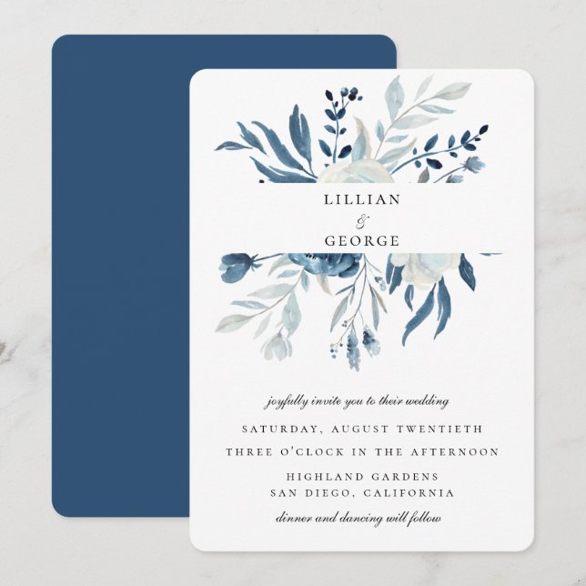 Convites Buquê Floral Azul Elegante Casamento (Frente/Verso)