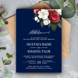 Convites Buquê Floral Azul Escuro Casamento Islâmico Muçulm