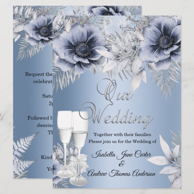 Convites Buquê Floral Azul Prata Casamento Champanhe (Frente/Verso)