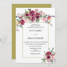 Convites Buquê floral Blush Burgundy com quadro dourado