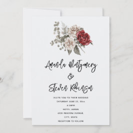 Convites Buquê Floral Boho de Rosa Creme e Vermelha Casamen
