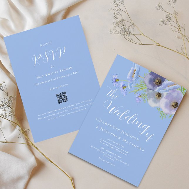 Convites Buquê Floral Boho Elegante Azul Código Qr Casament (Elegant wildflower bouquet watercolor blue floral wedding qr code invitation)