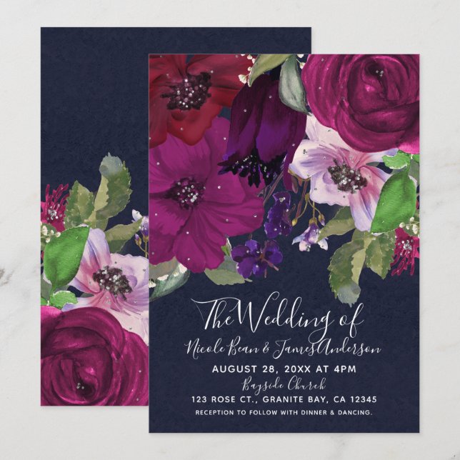 Convites Buquê Floral de Fuchsia Ousado para Casamento Chic (Frente/Verso)