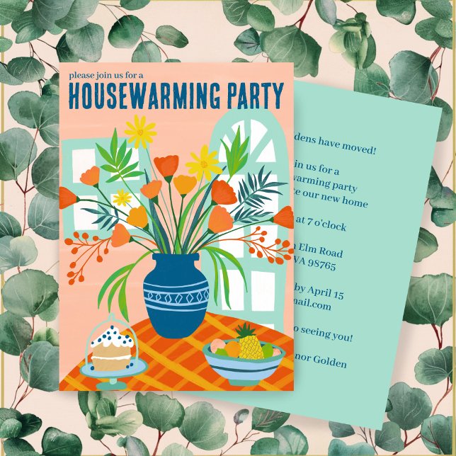 Convites BUQUÊ Floral do Partido HUSEWARMING Nova Gota Domé (HOUSEWARMING Party Floral Bouquet Vase New Home Cute Custom Invitation
)