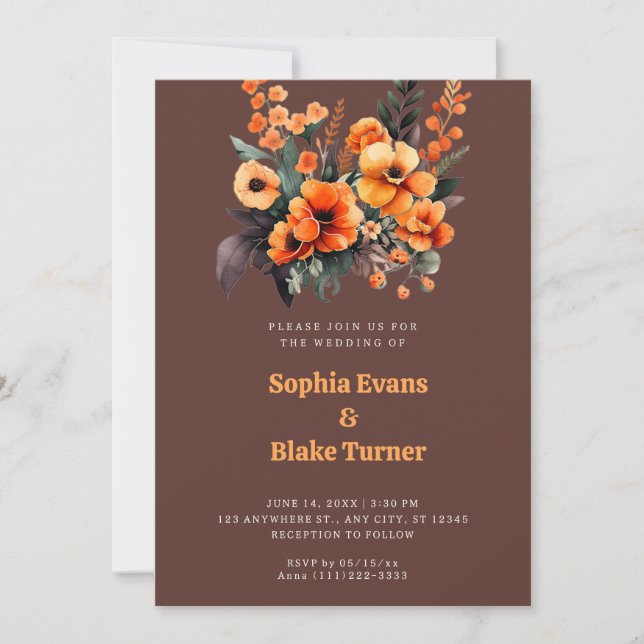Convites Buquê Floral Laranja e Verde Castanho Casamento (Frente)