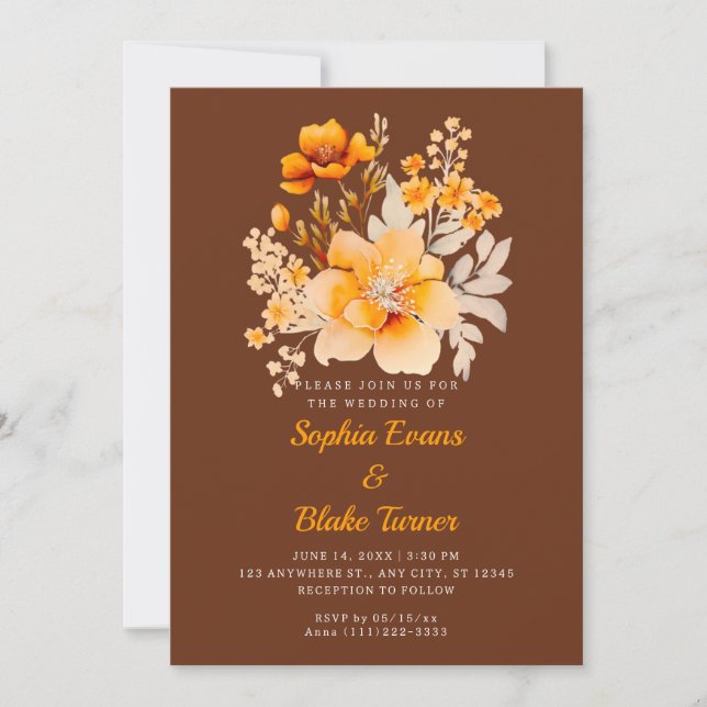 Convites Buquê Floral Laranja Pastel Outono Marrom Casament (Frente)