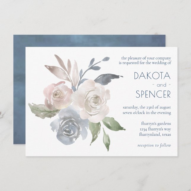 Convites Buquê Floral Mudado | Casamento Cor-de-Rosa Azul (Frente/Verso)