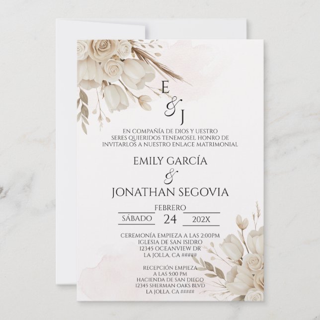 Convites Buquê floral Pampas casamento espanhol  (Frente)