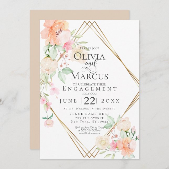 Convites Buquê Floral Primavera Coral-Blush Cream noivado (Frente/Verso)