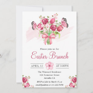 Convites Buquê Floral Rosa e Borboletas Brunch de Páscoa