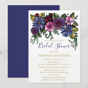 Convites Buquê Floral Roxo Azul para Chá de Noiva