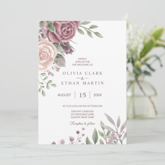Convites Buquê Floral Russo Rosa Watercolor (Em pé/Frente)