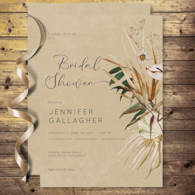 Convites Buquê Floral Seco Moderno Tan Boho (Modern Tan Boho Dried Floral Bouquet Bridal Shower Invitation)