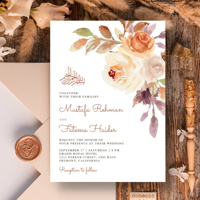 Convites Buquê Floral Terroso Rústico Casamento Islâmico (Criador carregado)