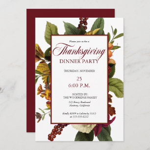 Convites Buquê Floral Vermelho Russo Escuro Janta de Ação d