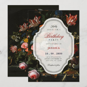 Convites Buquê floral vintage clássico preto de aniversário