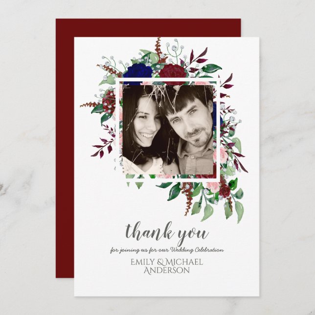 Convites Buquê Marsala Blue Pink Flowers OBRIGADO (Frente/Verso)