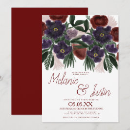 Convites Buquê Ousado de Borgonha em Aquarela  Casamento Fl