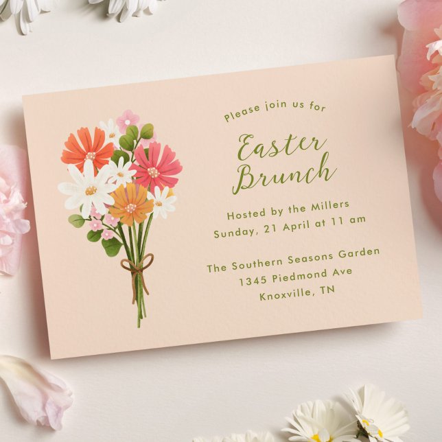 Convites Buquê páscoa Floral Brunch (Easter Brunch Invitation with Spring Flower Bouquet illustration)