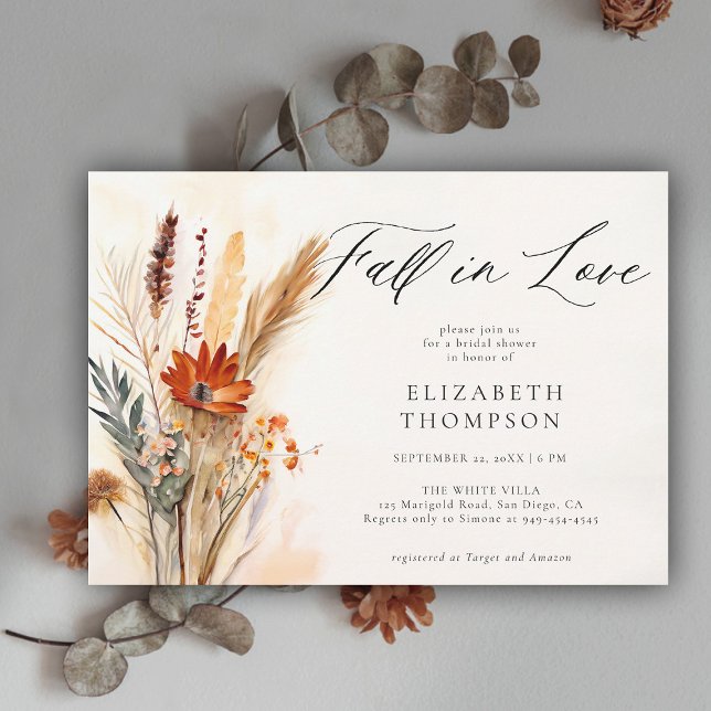 Convites Buquê Romântico Boho Chá de panela Floral (fall in love bridal shower invitation wildflowers terracotta watercolor elegant modern calligraphy)