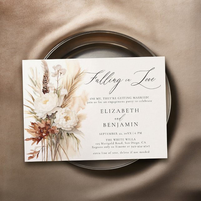 Convites Buquê Romântico Boho Peony Festa de noivado (fall engagement party invitation falling in love peony pampas rust burnt orange watercolor)