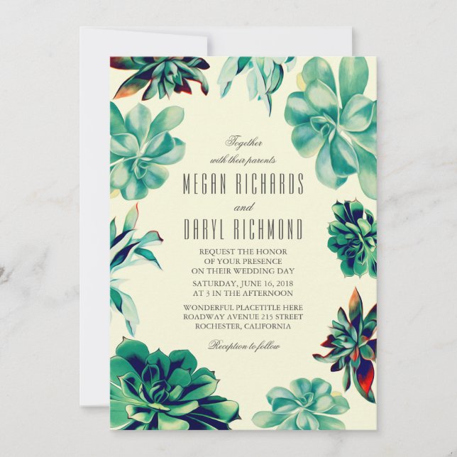 Convites Buquê Suculente - Casamento Teal Floral (Frente)