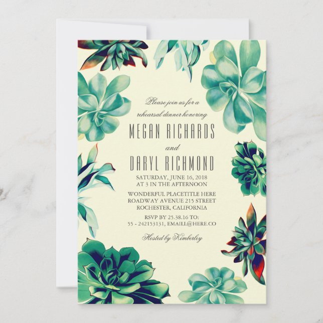 Convites Buquê Suculente - Janto de Ensaio Floral Teal (Frente)