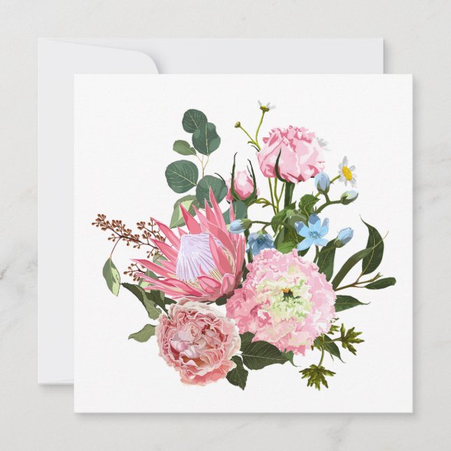 Convites Buquê tropical com flores rosa. (Frente)