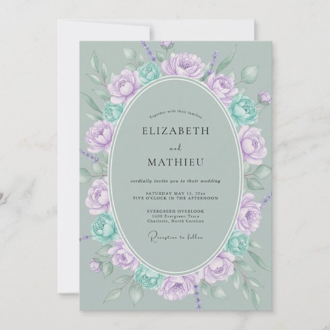 Convites Buquê Violeta Celadon Casamento Eucalipto (Frente)