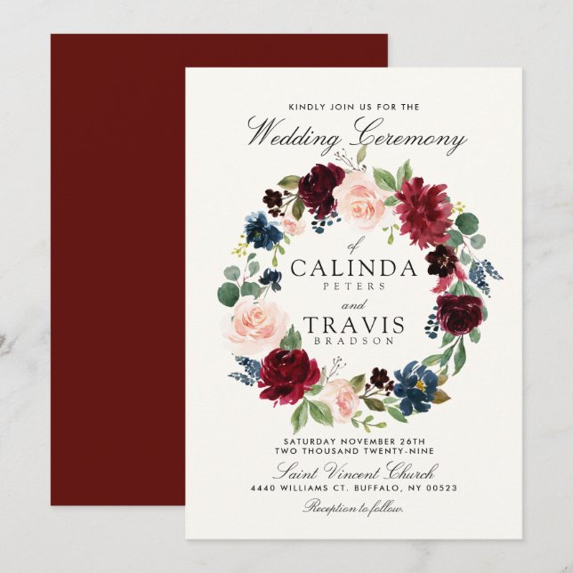 Convites Buquê Wreath| Casamento vermelho (Frente/Verso)