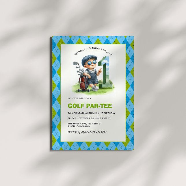 Convites Buraco de Um Golfe Par-Tee Aniversário de 1 ano Me (Hole in One Golf Par-Tee 1st Birthday Boy Invitation)