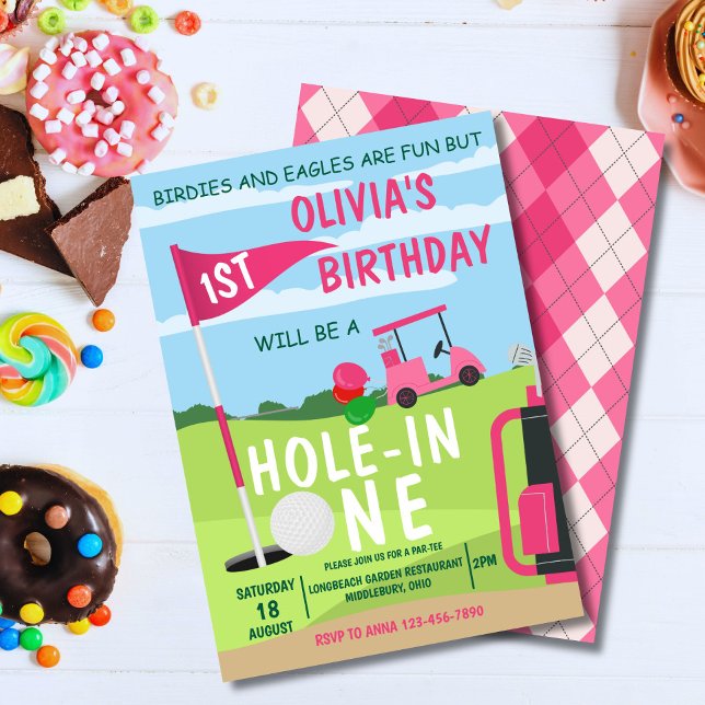 Convites Buraco Em Um Golfe Garota primeiro aniversario Par (Cute golf theme invite for baby boy's 1st birthday – perfect for a hole in one party!)