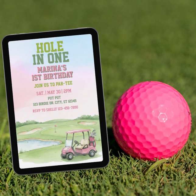 Convites Buraco em Um, Golfe Rosa Aniversário de 1 ano (Criador carregado)