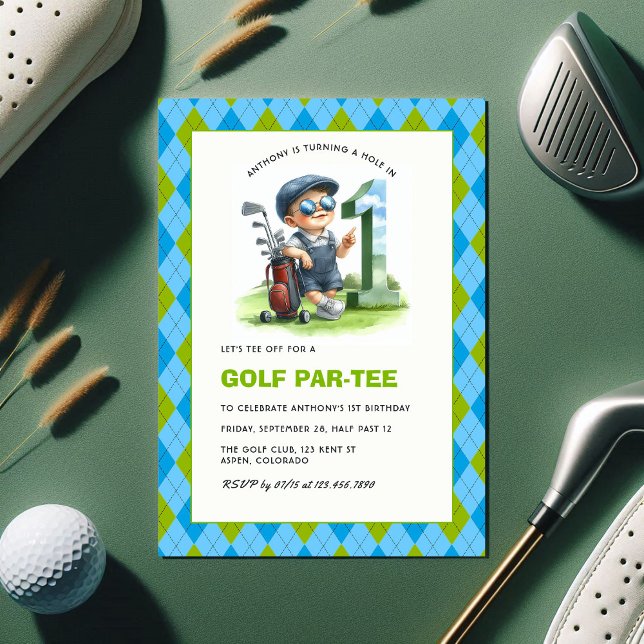 Convites Buraco em um primeiro aniversario de Golfe Par-Tee (Hole in One Golf Par-Tee 1st Birthday Boy Invitation)