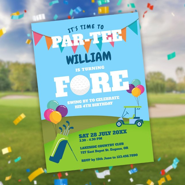 Convites Buraco em uma festa de golfe 4ª festa de aniversár (Hole In One Golf Partee 4th Birthday Party Invitation)