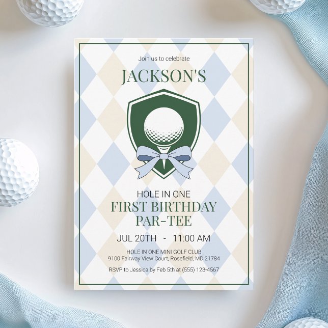 Convites Buraco em uma festa de primeiro aniversario Blue G (Hole in One Blue Golf Boy First Birthday Party Invitation)