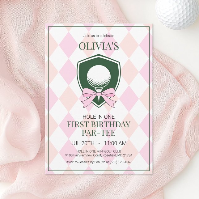 Convites Buraco em uma festa de primeiro aniversario das ga (Hole in One Pink Golf Girl First Birthday Party Invitation)