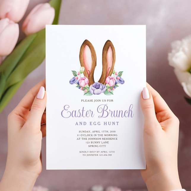 Convites Buraco Floral Purple Páscoa de Orelhas Brunch (Purple Floral Bunny Ears Easter Brunch Invitation)