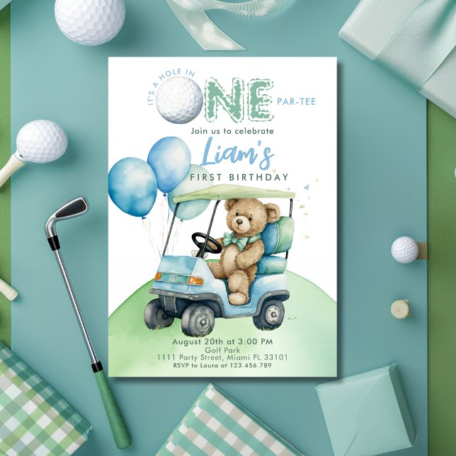 Convites Buraco Num Garoto De Golfe Primeiro Urso De Aniver (Hole in One Golf First Birthday Par- tee Invitation)