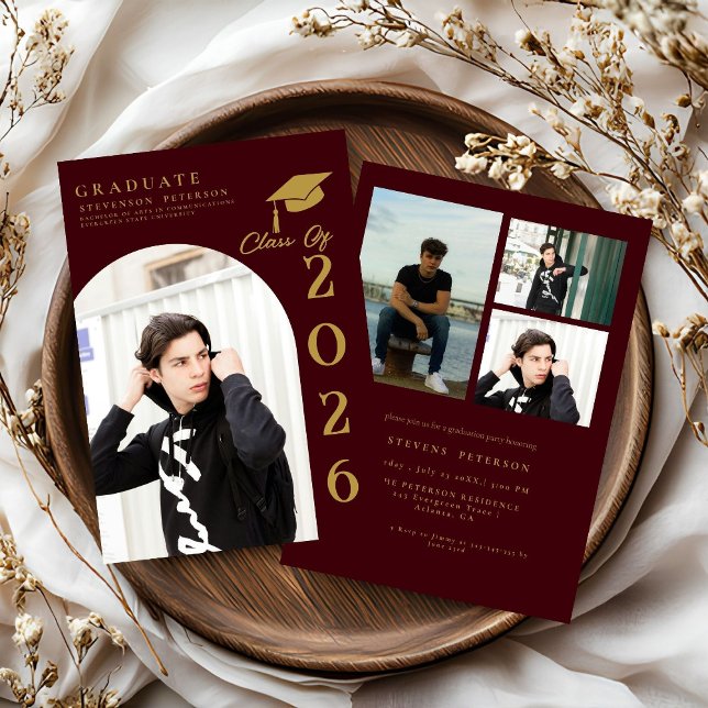 Convites Burdundy  and Gold Photo Graduation (Criador carregado)