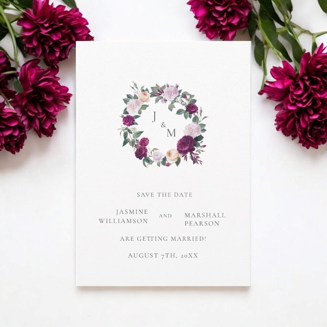Convites Burgandy florals elegante. (elegant wedding save the date in burgandy monogram florals )