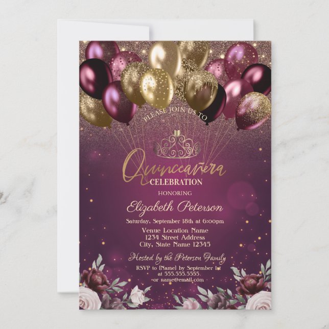 Convites Burgundia Balões de Brilhantes Quinceañera (Frente)
