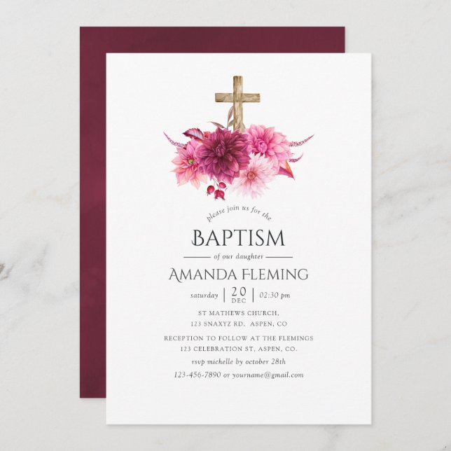 Convites Burgundia e Blush Floral Baptism ou Christening (Frente/Verso)